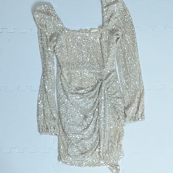 Altar'd State Dress XS Gold Champagne Long Sleeve Off The Shoulder Sequins - Picture 3 of 8